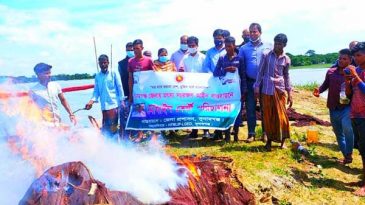 শান্তিগঞ্জে পুড়ানো হলো দুই লক্ষ টাকার অবৈধ জাল