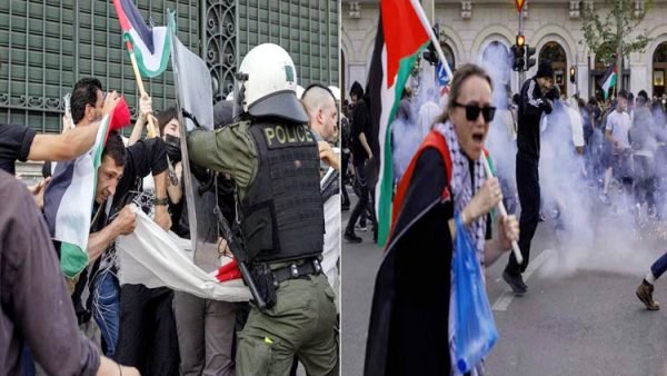 গ্রীসে ইসরায়েলবিরোধী বিক্ষোভে  ফিলিস্তিন সমর্থক ও পুলিশের ধাওয়া-পাল্টা ধাওয়া